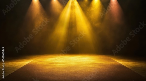 The walkway was paved with gold carpet and colorful spotlights in the dark hall.