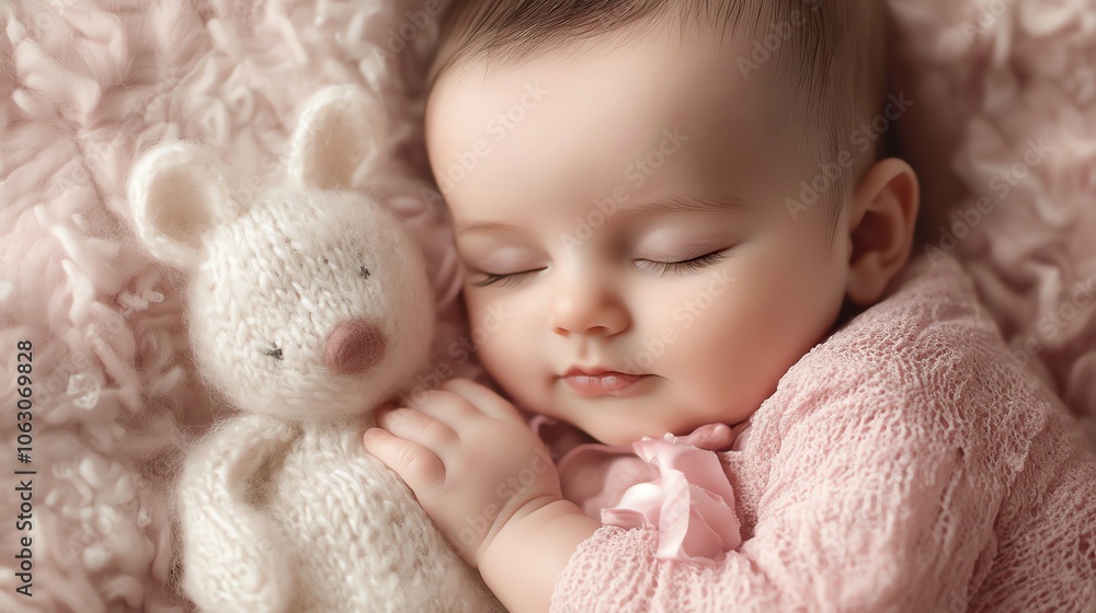 A sleeping baby with brown hair and a pink headband, surrounded by purple flowers. A sleeping baby with brown hair and a pink headband, surrounded by purple flowers.