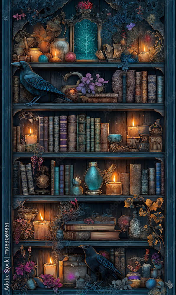 A magical library with shelves full of spellbooks and elixirs