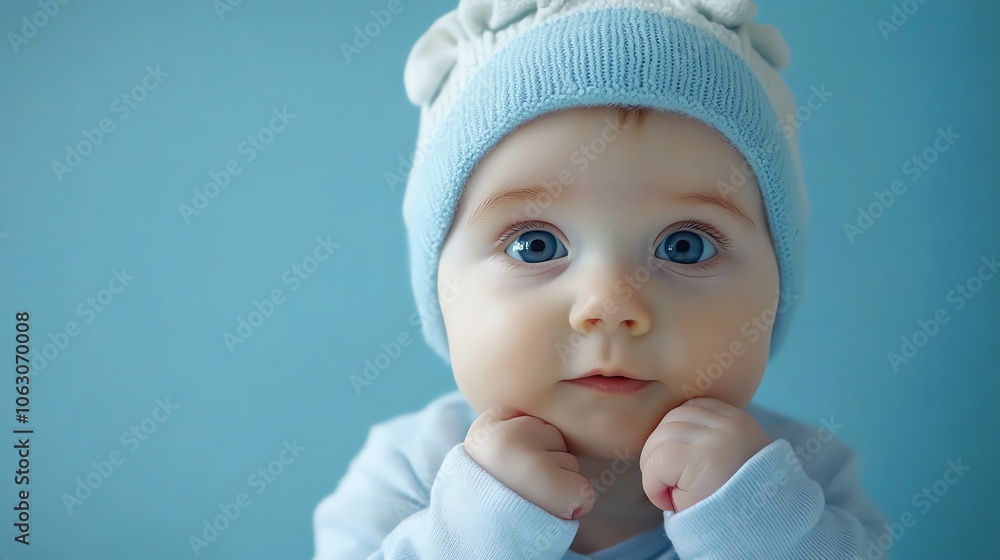A close-up portrait of a baby with big blue eyes looking at the camera with a thoughtful expression. A close-up portrait of a baby with big blue eyes looking at the camera with a thoughtful expression.