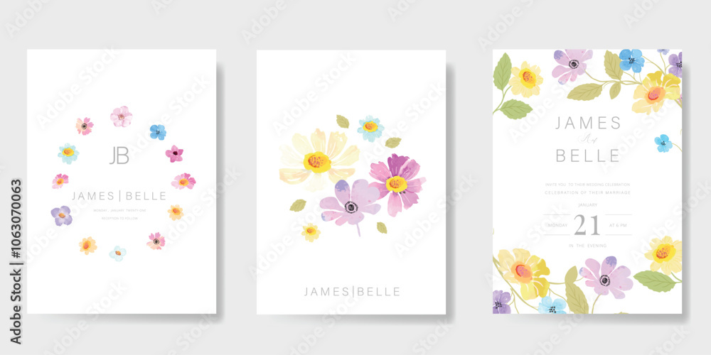 Elegant wedding invitation card background vector. Minimal hand painted watercolor botanical flowers texture template background. Design illustration for wedding, vip cover, poster, rsvp modern card. Elegant wedding invitation card background vector. Minimal hand painted watercolor botanical flowers texture template background. Design illustration for wedding, vip cover, poster, rsvp modern card.