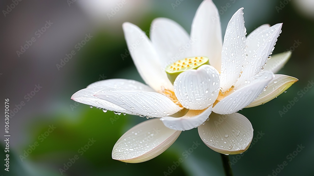 Fototapeta premium Macro of lotus petal, subtle water droplets, intense contrast