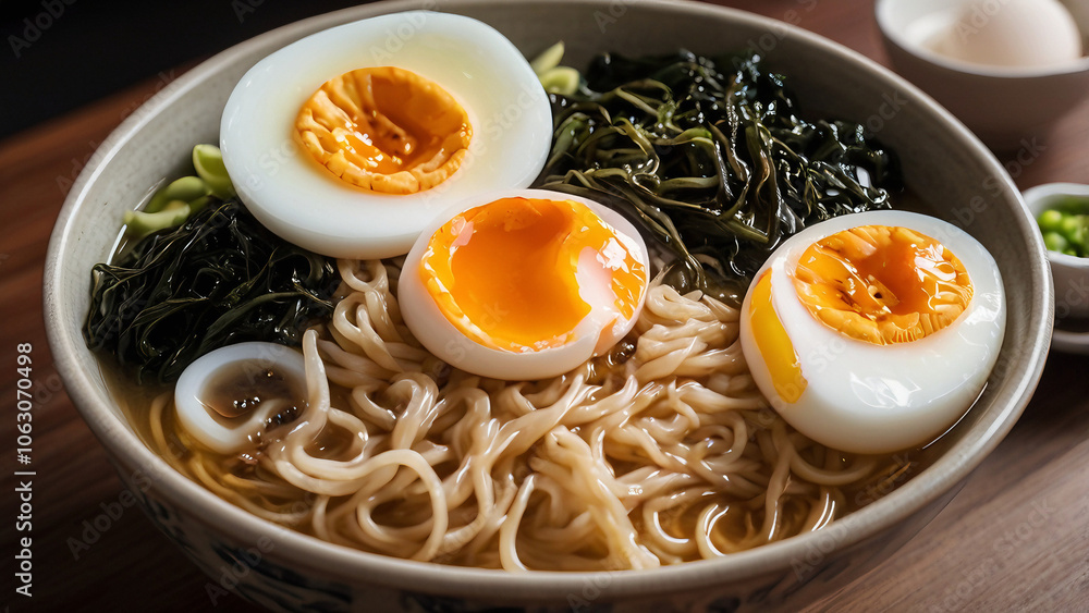 A steaming bowl of ramen with noodles seaweed, and a soft-boiled egg. A steaming bowl of ramen with noodles seaweed, and a soft-boiled egg.