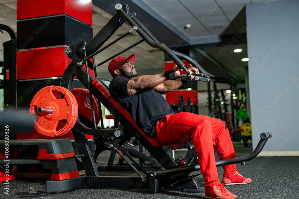 A man exercises using a strength training machine in a modern gym, focusing on building upper body strength. A man exercises using a strength training machine in a modern gym, focusing on building upper body strength.