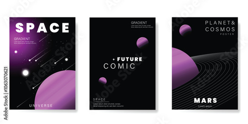 Planet and galaxy Space card vector set. Solar system with galaxy planets, asteroids, jupiter, saturn, mars, moon, ring line solar. Cosmic design for flyer, brochure, background, poster, cover. 