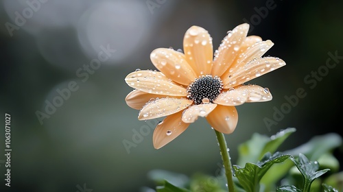 Raindropcovered petal, vibrant color, dark bokeh photo