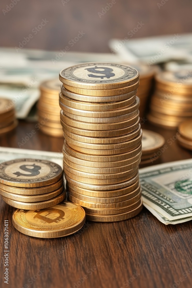 Stacked coins and banknotes on wooden surface Stacked coins and banknotes on wooden surface