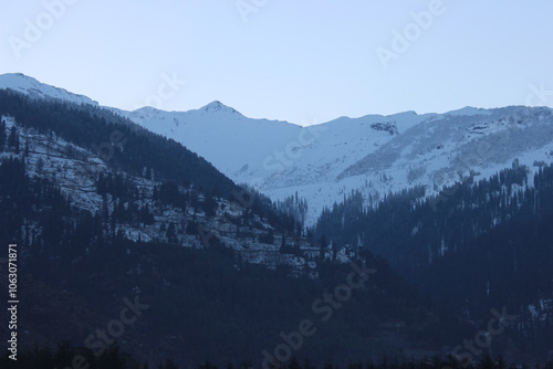 Photography Hills covered with snow and forest in Shimla of India