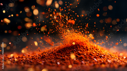 Dried red chili powder flying. Grainy scatterings of spicy burst . Splashes of red pepper powder.Overlay effect chilli or paprika spice splatters.