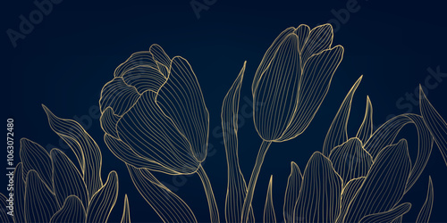 Vector gold line flowers background, luxury elegant art pattern, nature wedding card, blossom decor. 