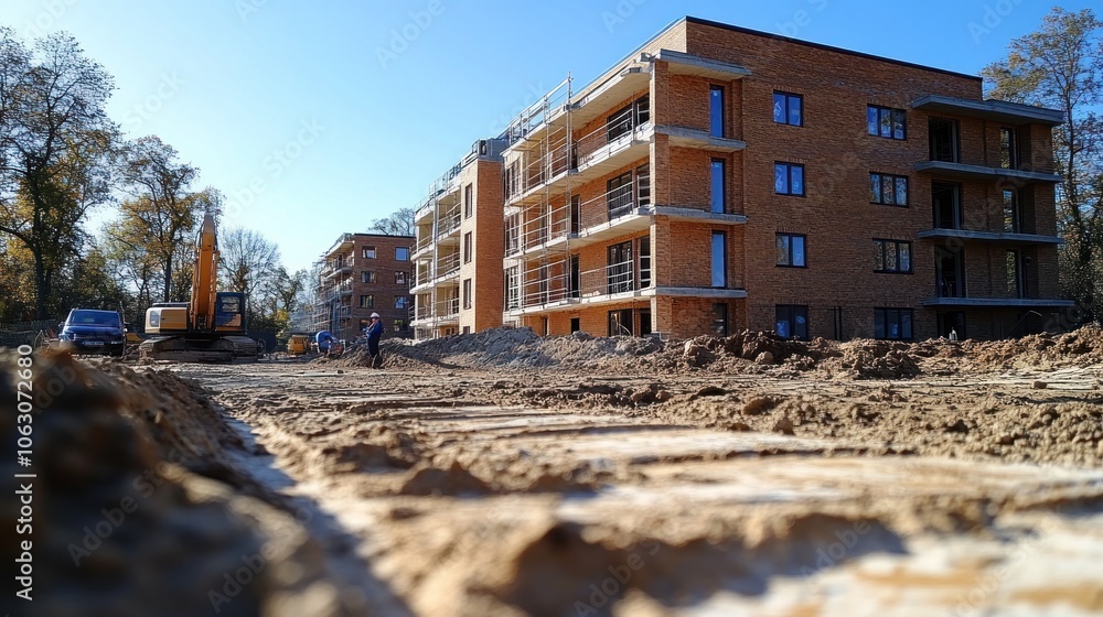 A new apartment building under construction with an excavator in the foreground. A new apartment building under construction with an excavator in the foreground.