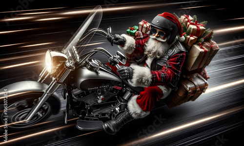 Nikolaus , Weihnachtsmann mit Rentier Geschenken auf einem schnellen Motorrad