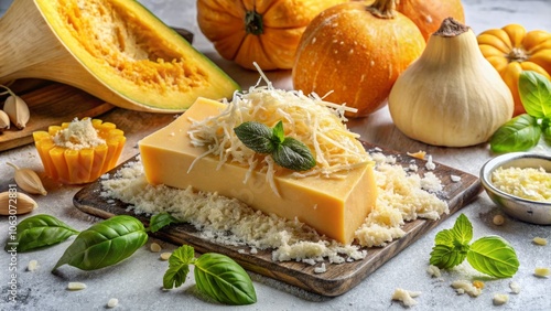 Delicately Shredded Parmesan on White Background with Fresh Delicata Squash, Ideal for Culinary Art and Recipe Inspiration in Food Photography photo