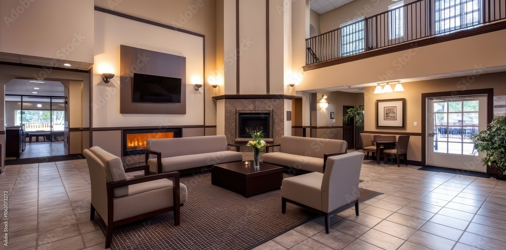 Inviting lobby featuring neutral tones and modern decor, perfect for a warm and relaxing atmosphere. Inviting lobby featuring neutral tones and modern decor, perfect for a warm and relaxing atmosphere.