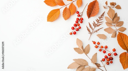 Wallpaper Mural Minimalist autumn composition featuring a clean white background with scattered dry leaves and berries in a flat lay arrangement. A simple, seasonal design capturing the essence of autumn’s natural be Torontodigital.ca