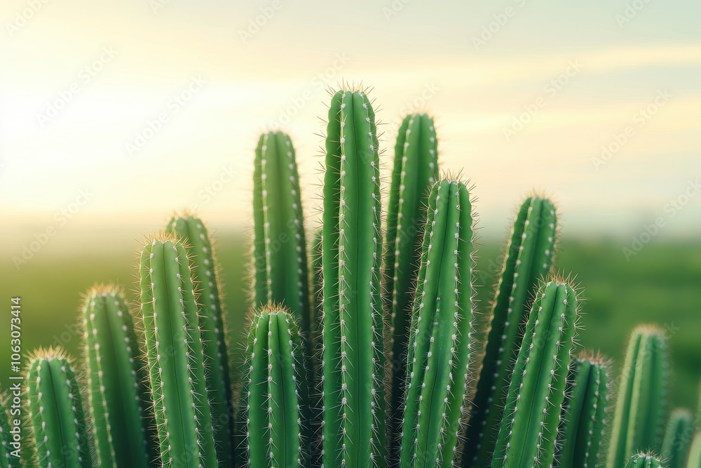 A close-up of a vibrant green cactus with tall, columnar spines, set against a soft, glowing background of sunlight and nature. A close-up of a vibrant green cactus with tall, columnar spines, set against a soft, glowing background of sunlight and nature.