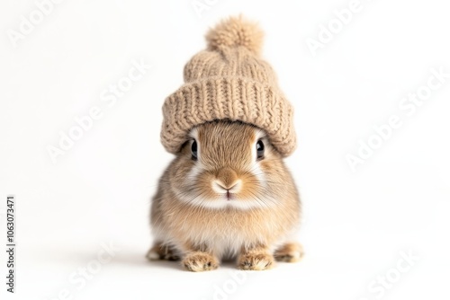 A cute brown bunny is wearing a cozy beige hat, looking directly at the camera against a plain white background, capturing a moment of warmth and charm. photo