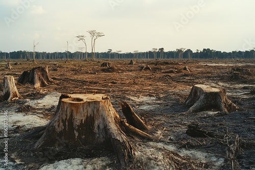 A vast expanse of deforested land dotted with numerous tree stumps, conveying the urgent concern of deforestation and its ecological consequences. photo