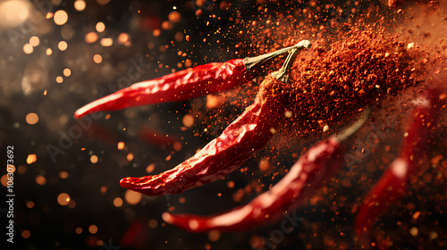 Dried red chili powder flying. Grainy scatterings of spicy burst . Splashes of red pepper powder.Overlay effect chilli or paprika spice splatters.
