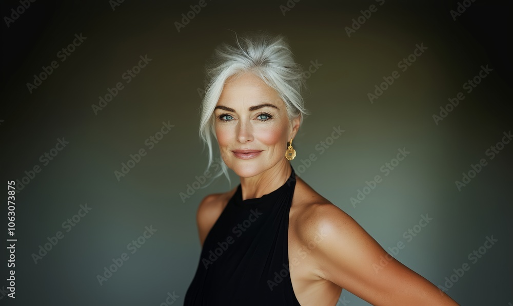 A woman with silver hair wearing a black dress poses gracefully against a softly-lit background A woman with silver hair wearing a black dress poses gracefully against a softly-lit background