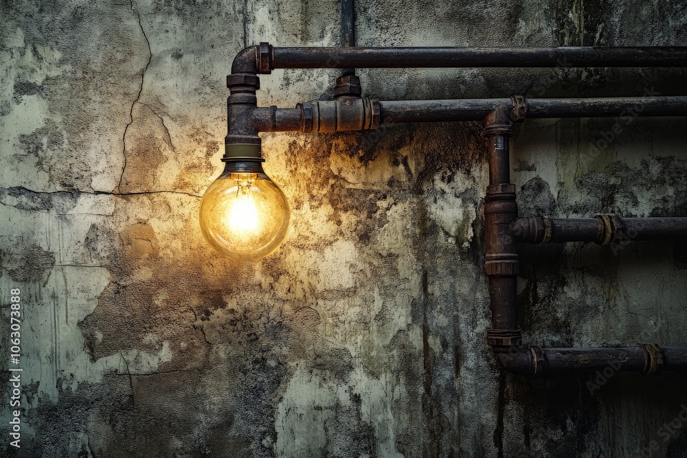 A retro scene with rustic exposed pipes and a glowing vintage bulb mounted on a weathered wall, highlighting industrial charm and historical craftsmanship. A retro scene with rustic exposed pipes and a glowing vintage bulb mounted on a weathered wall, highlighting industrial charm and historical craftsmanship.