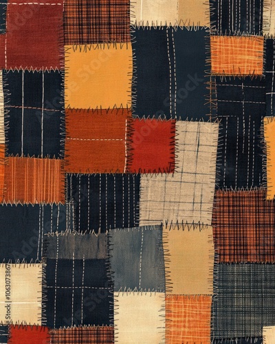 A seamless pattern with recycled fabric textures, featuring stitched-together patches of different materials like cotton and linen, creating a patchwork design perfect for eco-friendly clothing
