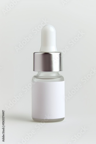 Clear glass dropper bottle with a white label placed on a light background for product designs and cosmetics