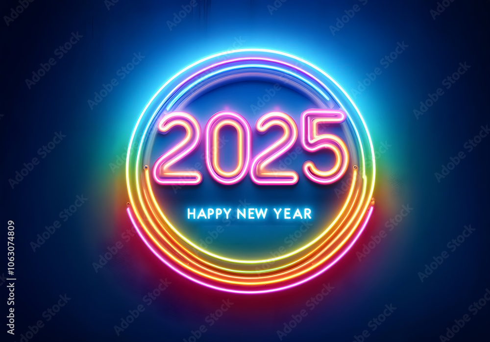 Bunte Neon Leuchtbuchstaben in einem Kreis mit der Jahreszahl 2025 auf blauem Hintergrund, Text Happy New Year Bunte Neon Leuchtbuchstaben in einem Kreis mit der Jahreszahl 2025 auf blauem Hintergrund, Text Happy New Year