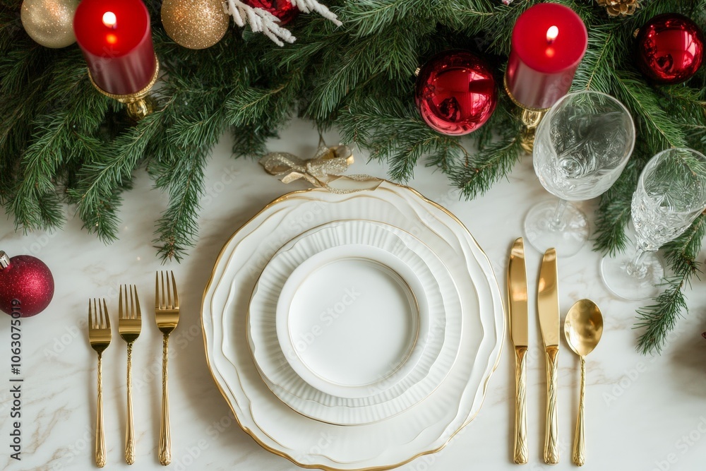 An elegant and festive table setup for the holidays, featuring luxurious white plates, gold cutlery, and surrounded by lush greenery and dazzling red decor. An elegant and festive table setup for the holidays, featuring luxurious white plates, gold cutlery, and surrounded by lush greenery and dazzling red decor.