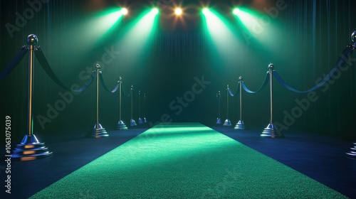 The walkway was paved with red carpet and colorful spotlights in the dark hall. photo