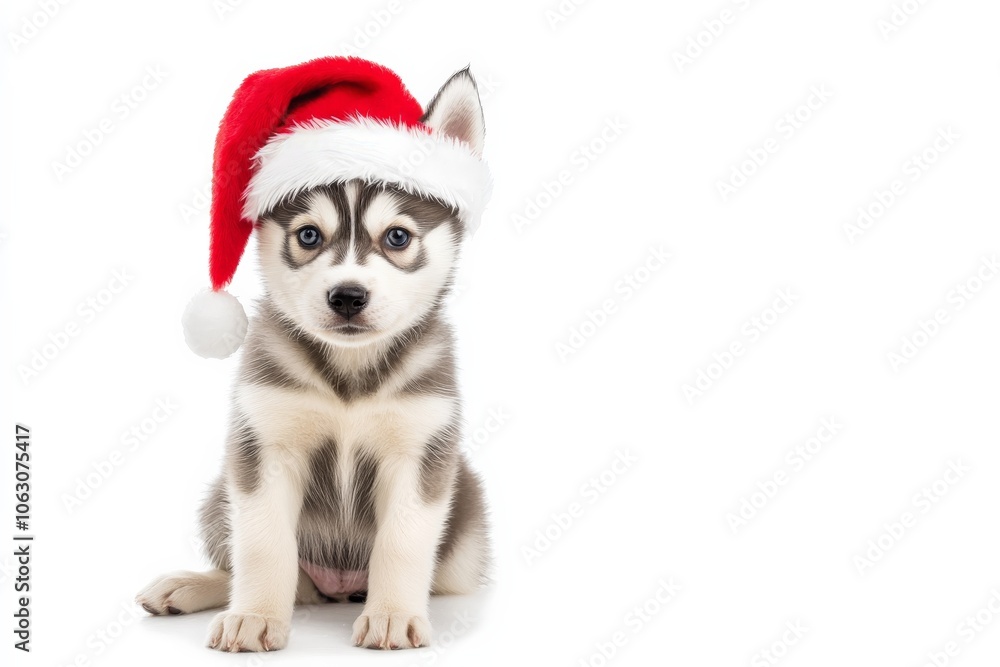 Adorable husky puppy wearing a Santa hat, sitting against a white background, exuding a sense of holiday cheer and playful innocence, perfect for festive promotions. Adorable husky puppy wearing a Santa hat, sitting against a white background, exuding a sense of holiday cheer and playful innocence, perfect for festive promotions.