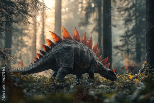 Majestic stegosaurus with brightly glowing spines, moving through a dense, mysterious forest at sunset, capturing the grandeur and mystique of the dinosaur era. photo