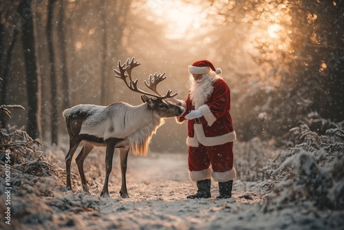 Amidst a snowy forest, Santa bonds with a gentle reindeer, highlighting the themes of companionship and the unique magic of the holiday season. photo