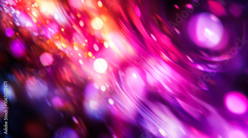 Vibrant abstract background featuring colorful light trails and bokeh effects in shades of pink, purple, and orange during twilight