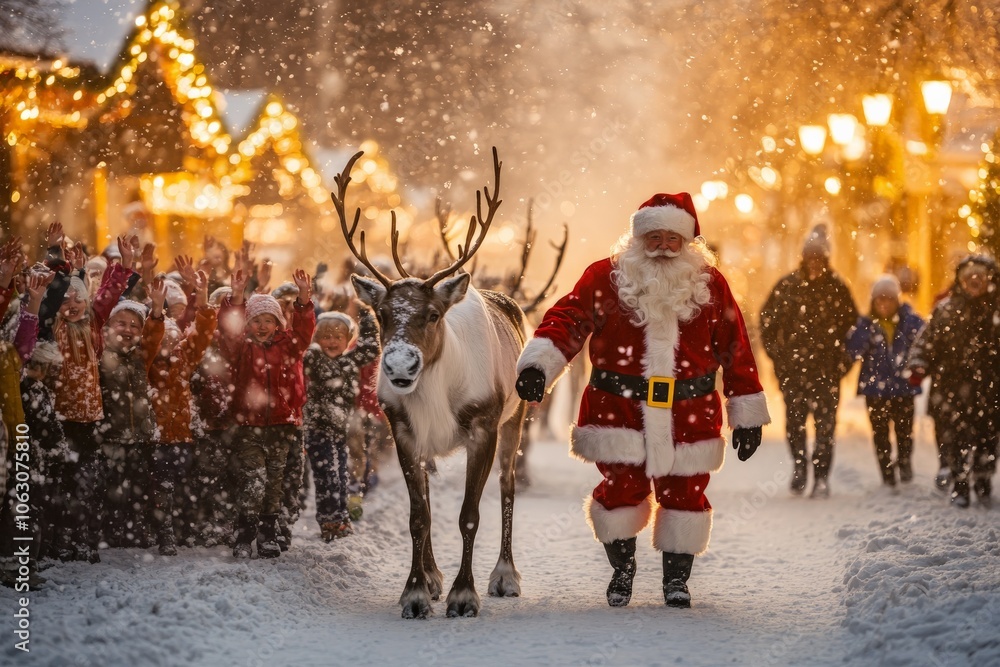 Santa Claus, alongside a reindeer, walks down a snowy pathway embraced by a cheering crowd of children, symbolizing joy, wonder, and the magic of Christmas. Santa Claus, alongside a reindeer, walks down a snowy pathway embraced by a cheering crowd of children, symbolizing joy, wonder, and the magic of Christmas.