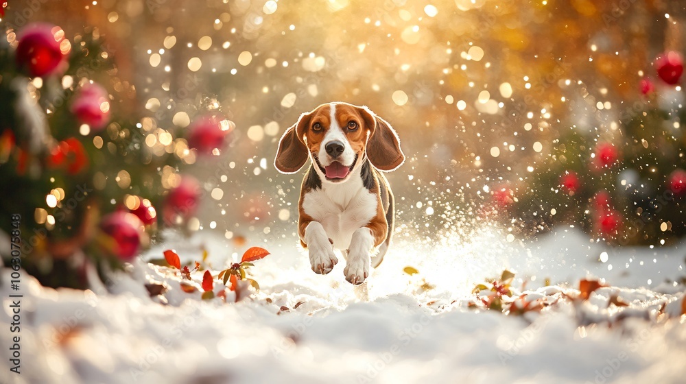 Beagle Bounding Through Fresh Snow in a Field Beagle Bounding Through Fresh Snow in a Field