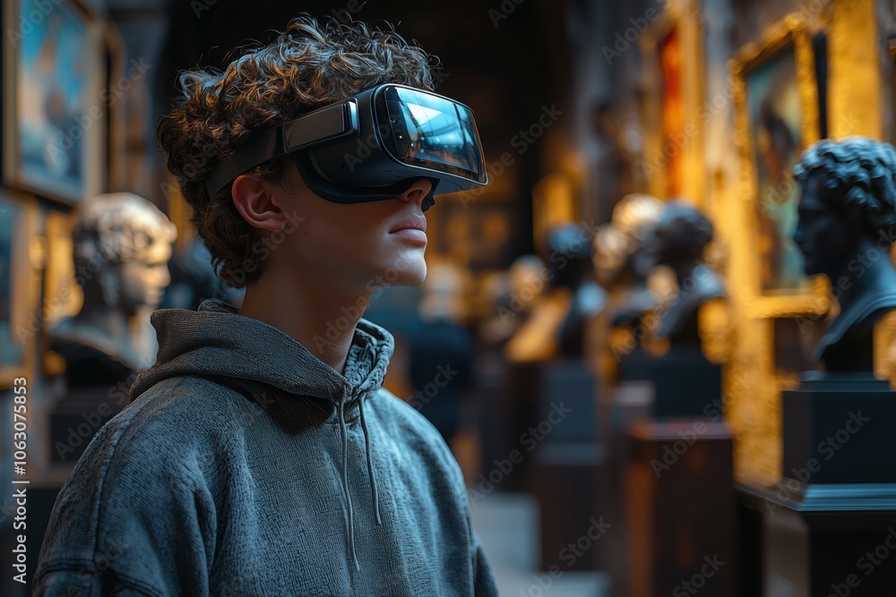 Person in VR headset in art gallery, framed art on walls. Person in VR headset in art gallery, framed art on walls.