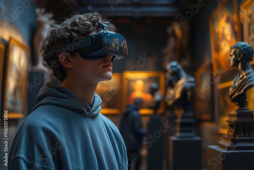 Person in VR headset in art gallery, framed art on walls. photo