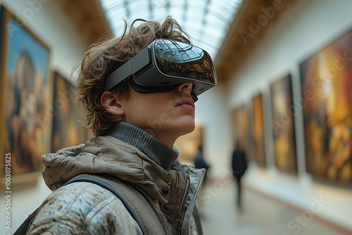 Person in VR headset in art gallery, framed art on walls. photo