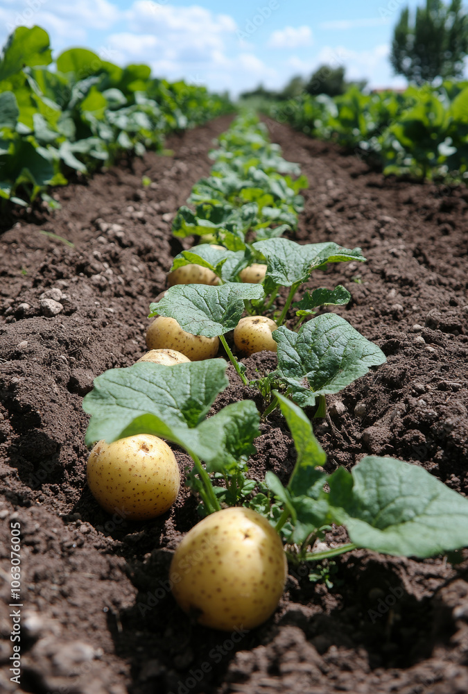 Potato plants growing in a sunny farm field. Rows of healthy potato plants emerge from rich soil under clear skies while sunlight nourishes their growth. Potato plants growing in a sunny farm field. Rows of healthy potato plants emerge from rich soil under clear skies while sunlight nourishes their growth.
