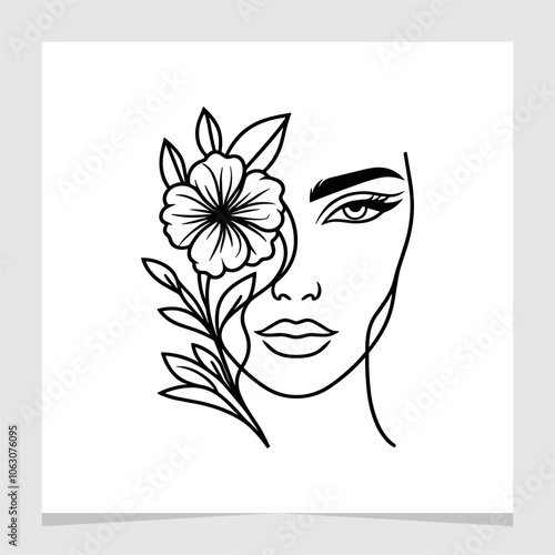 Woman Face with Flower Line Art Illustration Element Vector , Feminine Line Hand Drawn Vector Illustration , Woman's face facing forward Element , Beauty Woman Face Logo Illustration for Brand