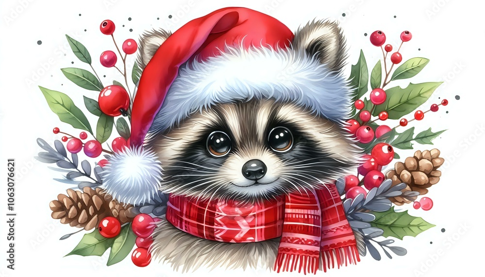 Festive Raccoon in Santa Hat and Scarf Festive Raccoon in Santa Hat and Scarf