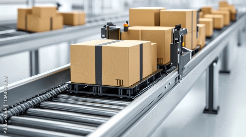 Conveyor belt with cardboard boxes on it, set against a minimalist light gray backdrop