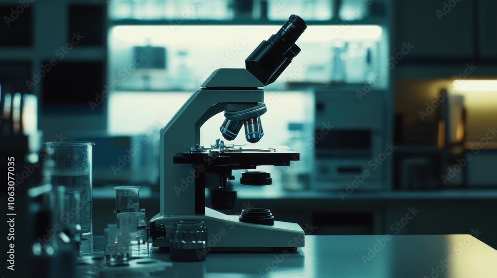 A high-definition shot of a modern microscope and precision A high-definition shot of a modern microscope and precision