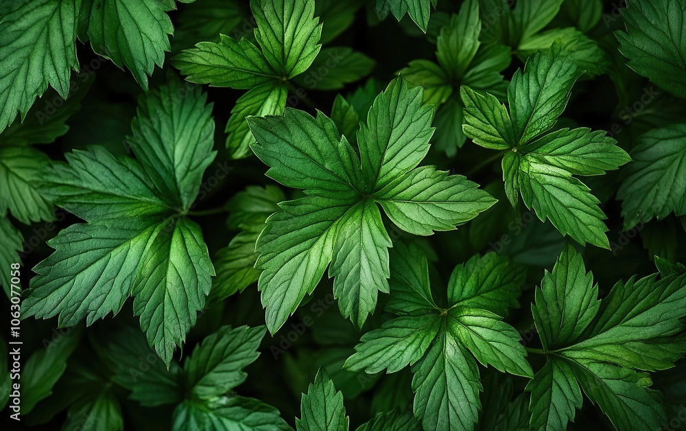 Lush green leaves of a plant in a close-up shot, showcasing the intricate details of nature.