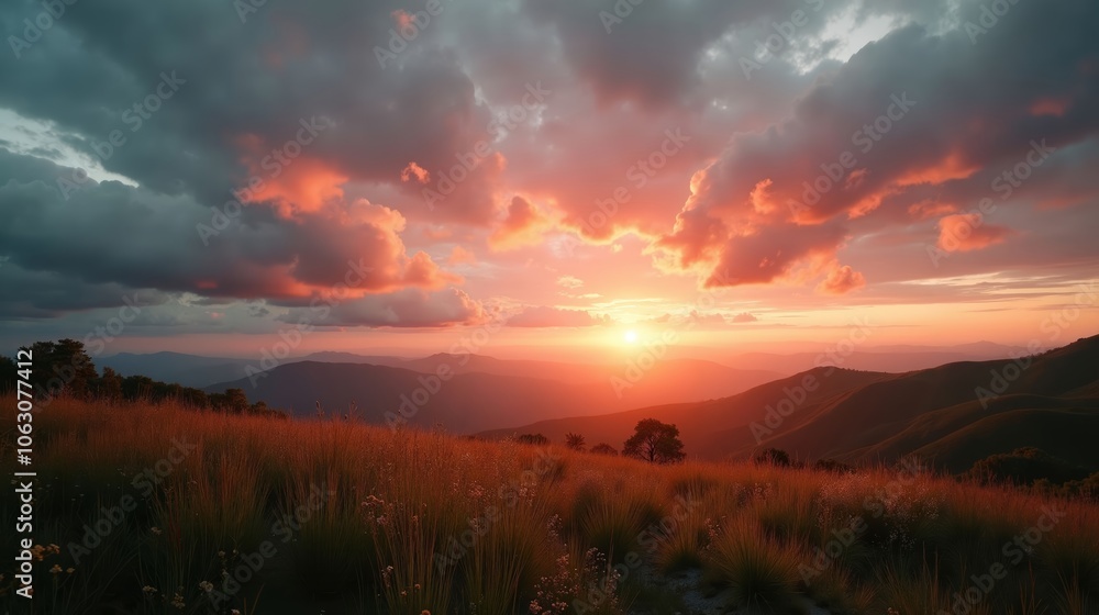Golden Hour Sunset with Sun Rays Shining Over Rocky Mountain Landscape Golden Hour Sunset with Sun Rays Shining Over Rocky Mountain Landscape