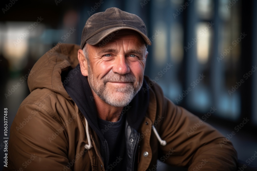Portrait of a senior man wearing a cap and jacket in an urban environment Portrait of a senior man wearing a cap and jacket in an urban environment