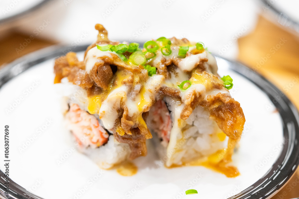 sushi with beef topping. sushi topping with sauce,delicious japanese food sushi with beef topping. sushi topping with sauce,delicious japanese food
