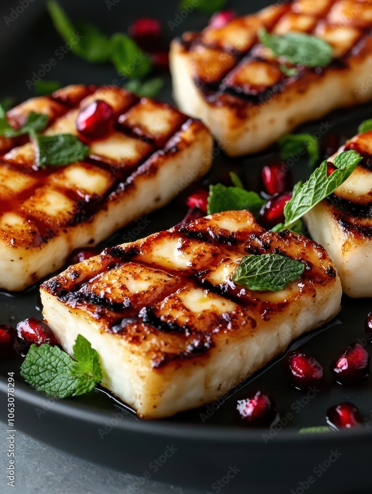 Delicious grilled halloumi cheese with crisp edges, garnished with fresh mint and vibrant pomegranate arils.