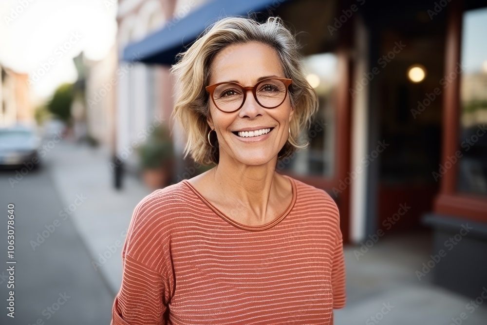 Portrait of happy mature woman with eyeglasses standing in street Portrait of happy mature woman with eyeglasses standing in street
